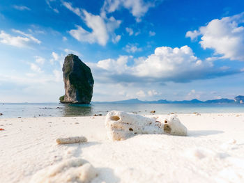 Rocks on beach against sky