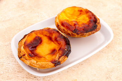 High angle view of dessert in plate on table