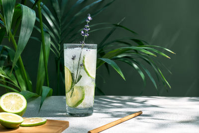 Cool lavender lemonade with lime slices and lavender flower on the table near dark green surface