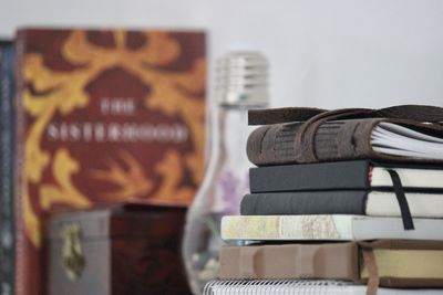 Close-up of books on wall