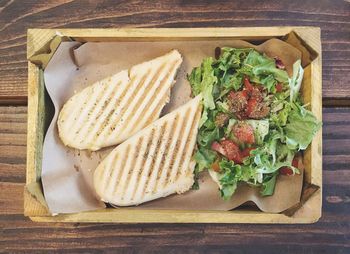 High angle view of breakfast served on table