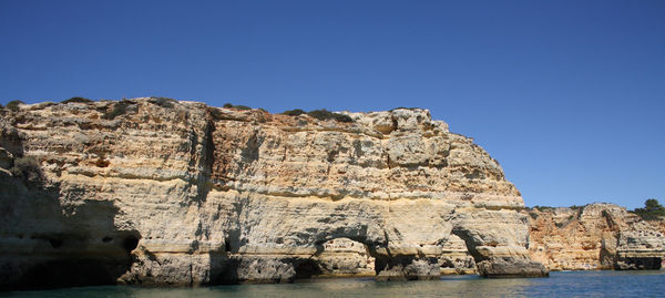 Low angle view of rock formation against clear blue sky