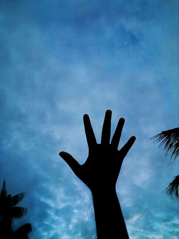 human hand, human body part, silhouette, sky, one person, cloud - sky, men, outdoors, palm, real people, one man only, day, people, adult