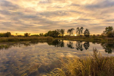 Scenic view of lake against sky during sunset