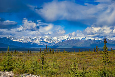 Scenic view of snowcapped mountains against sky