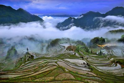 Panoramic view of landscape and mountains against sky