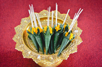 High angle view of drink in plate on table