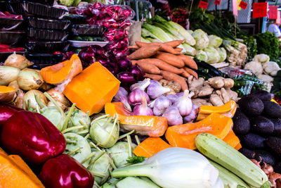 High angle view of vegetables for sale at market stall