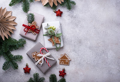 High angle view of christmas decorations on table
