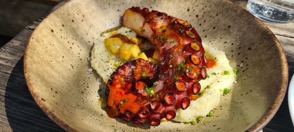 High angle view of food in plate on table