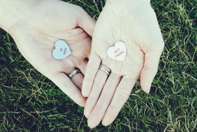 Cropped hands of people holding heart shape objects over grass field