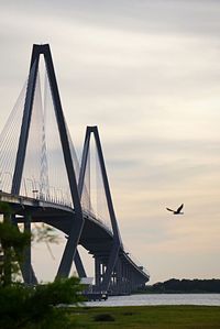 Suspension bridge over river against sky