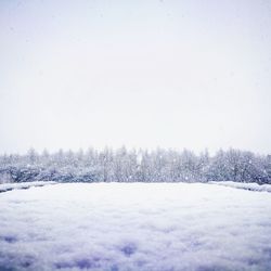 Snow covered field against clear sky