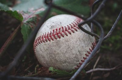 Close-up of old baseball ball on land