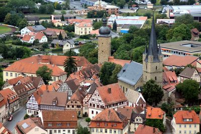 High angle view of houses in town