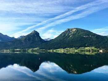 Scenic view of lake and mountains against sky