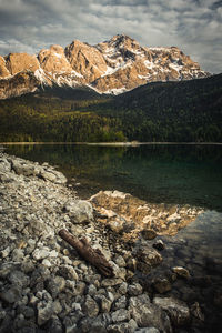 Scenic view of lake by snowcapped mountains