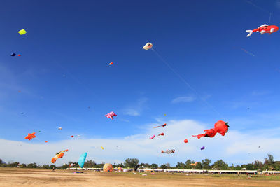 Low angle view of kites flying in blue sky