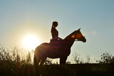 Silhouette woman sitting on horse at field against sky during sunset