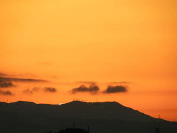 Scenic view of silhouette mountains against orange sky