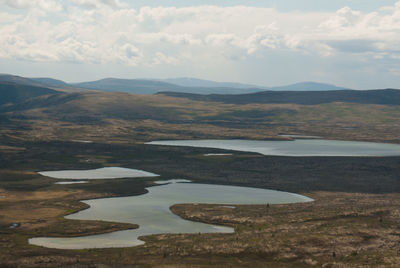 Scenic view of lake against cloudy sky