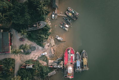 High angle view of boats moored in river