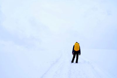 Rear view of person wearing backpack on snow covered field against sky