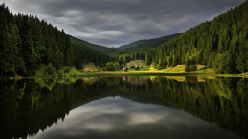 Scenic view of lake and mountains against sky