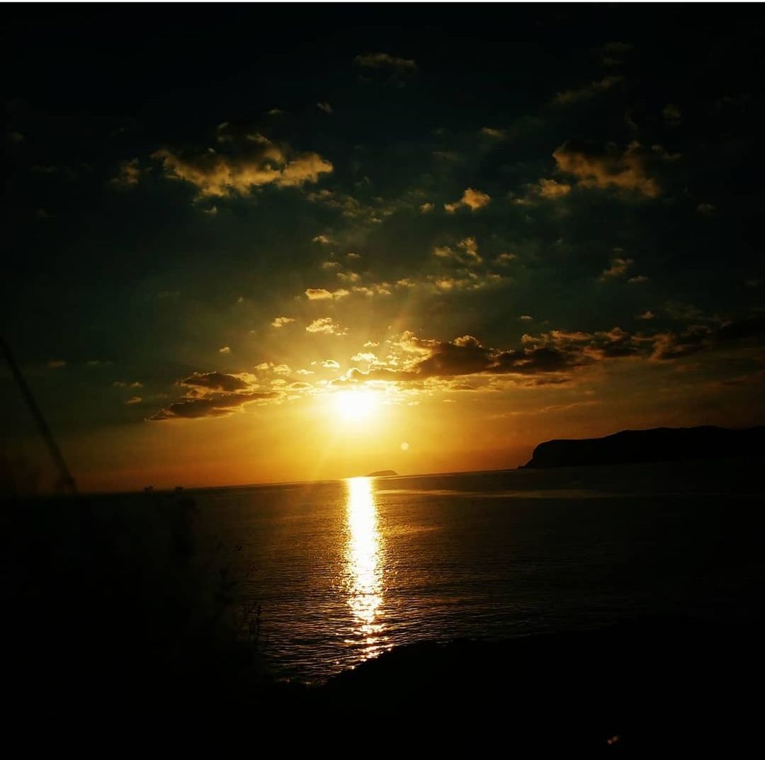 Senja berakhir menyambut malam Water Sea Sunset Beach Tree Silhouette Sun Reflection Idyllic Sunlight