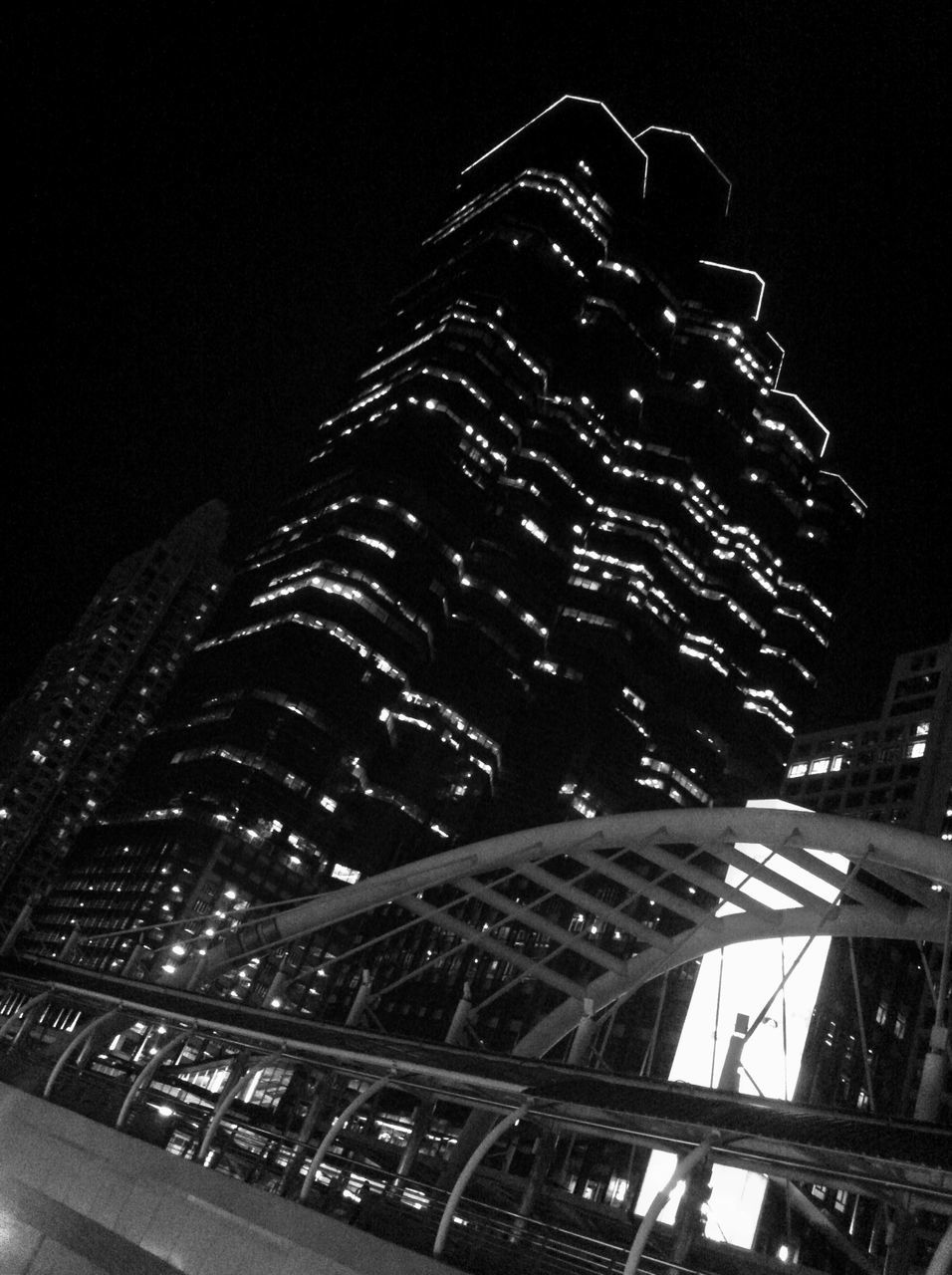 night, illuminated, low angle view, architecture, no people, built structure, indoors, building exterior, modern, sky