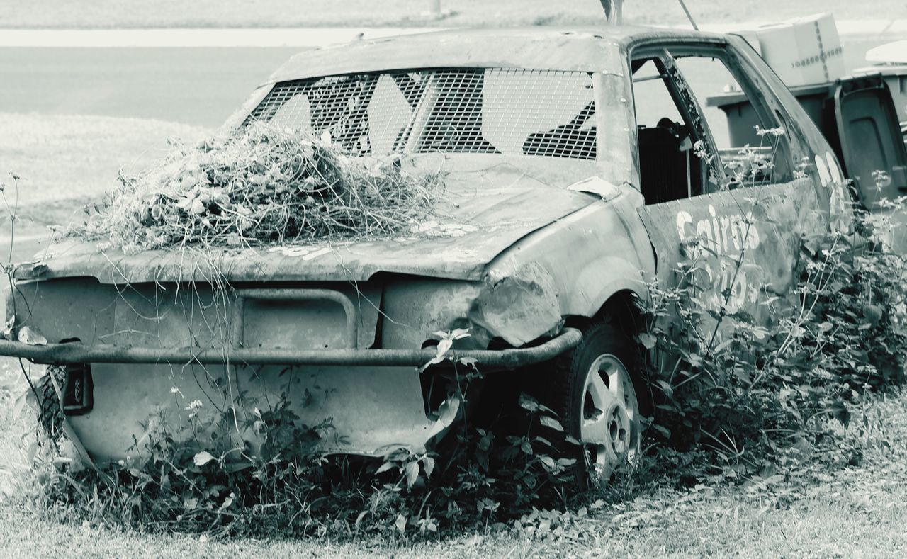 abandoned, obsolete, damaged, field, mode of transport, grass, land vehicle, transportation, run-down, deterioration, old, day, plant, outdoors, no people, tractor, front or back yard, car, rusty, built structure