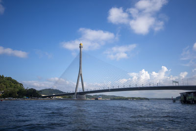 View of suspension bridge over river against cloudy sky