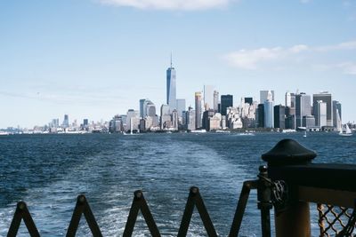 Manhattan skyline seen from ferry boat