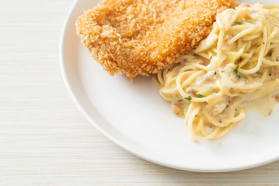 High angle view of food in plate on table