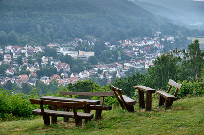 Scenic view of townscape and mountains