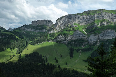 Scenic view of mountains against cloudy sky