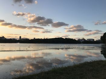 Scenic view of lake against sky during sunset