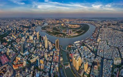 High angle view of city buildings against sky