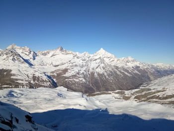 Scenic view of snowcapped mountains against clear blue sky