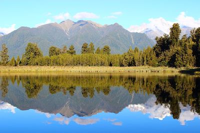 Symmetry view of lake by trees against mountains and sky