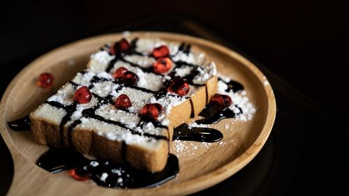 High angle view of cake in plate on table