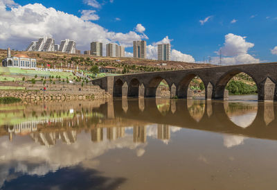 Arch bridge over river in city against sky