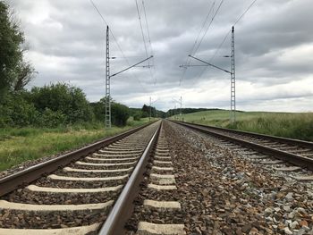 Railroad track amidst trees against sky