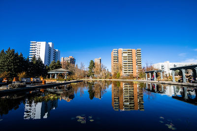 Reflection of buildings in lake against blue sky