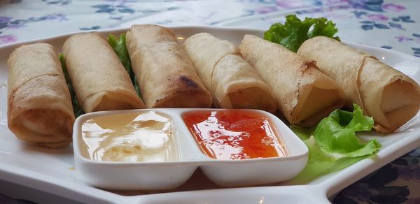 High angle view of food in plate on table