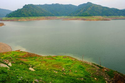 High angle view of sea and mountains