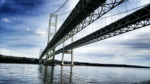 Tacoma narrows bridge over river against sky