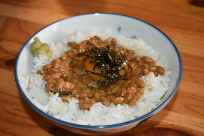 High angle view of food in bowl on table