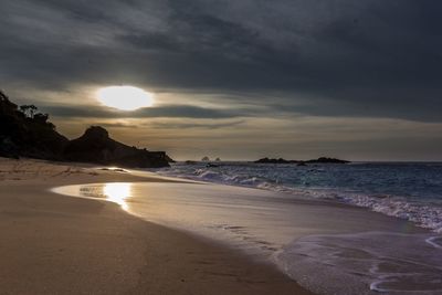 Scenic view of beach against sky during sunset