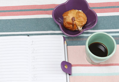 High angle view of coffee on table